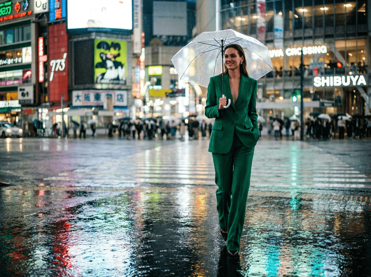 A woman with a clear umbrella crossing a rainy Shibuya street at night